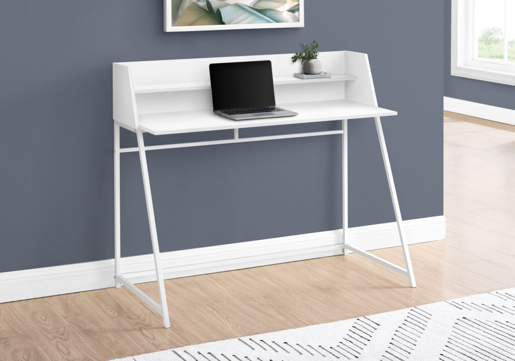 Computer Desk, Home Office, Laptop, Storage Shelves, 48″L, Work, White Laminate, White Metal, Contemporary, Modern