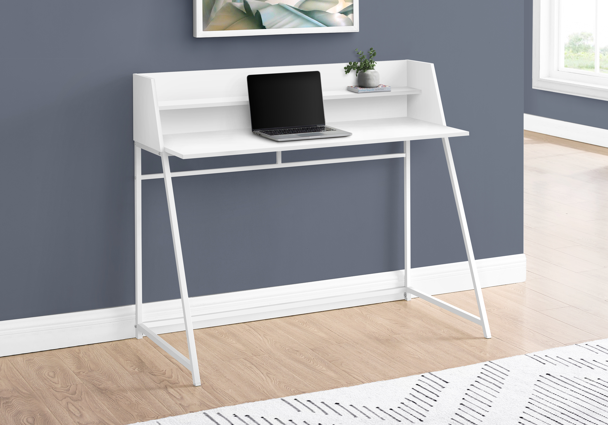 Computer Desk, Home Office, Laptop, Storage Shelves, 48″L, Work, White Laminate, White Metal, Contemporary, Modern