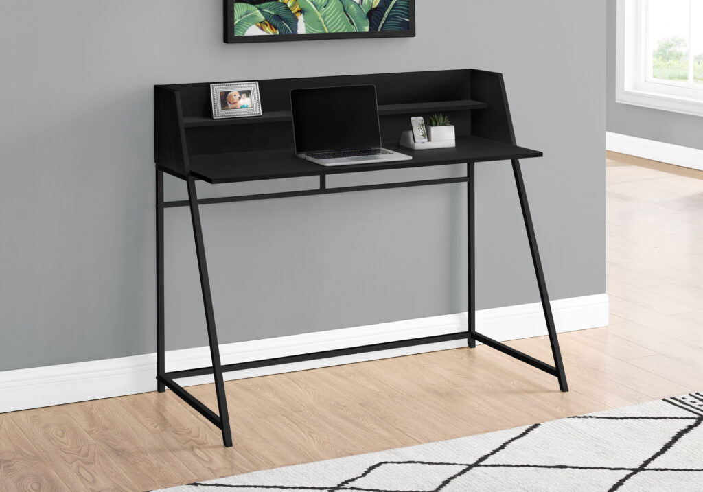 Computer Desk, Home Office, Laptop, Storage Shelves, 48″L, Work, Black Laminate, Black Metal, Contemporary, Modern