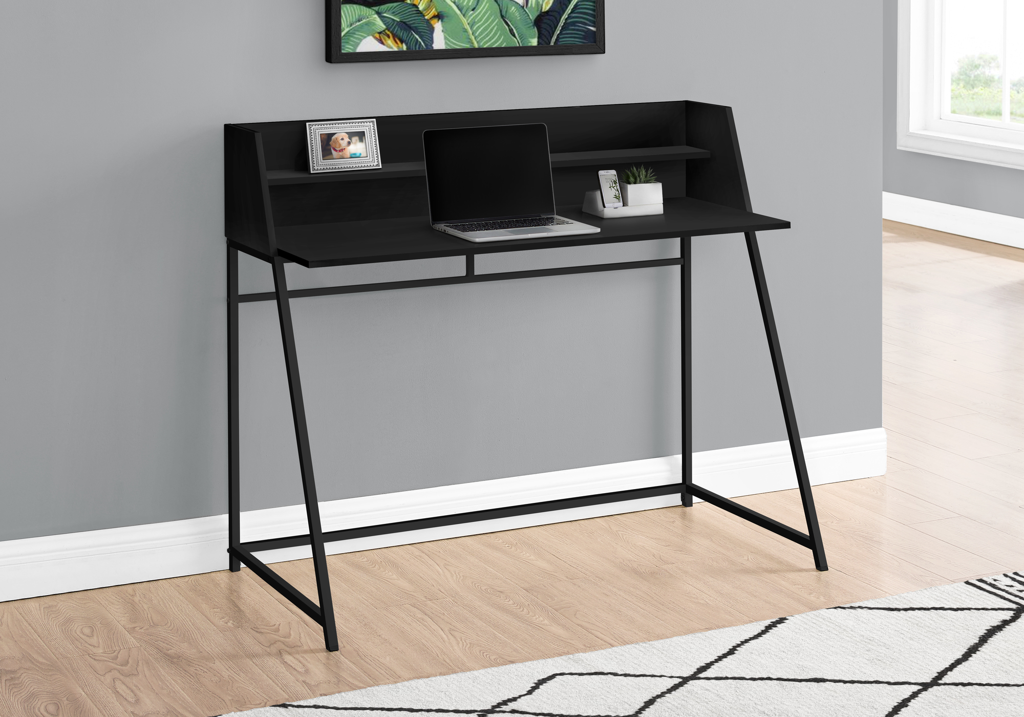Computer Desk, Home Office, Laptop, Storage Shelves, 48″L, Work, Black Laminate, Black Metal, Contemporary, Modern