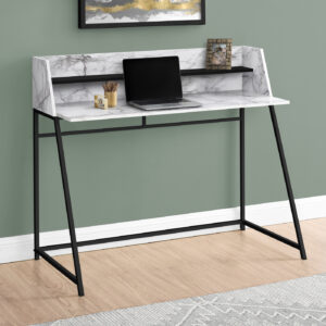 Computer Desk, Home Office, Laptop, Storage Shelves, 48"L, Work, White Marble Look Laminate, Black Metal, Contemporary, Modern