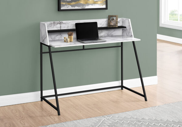 Computer Desk, Home Office, Laptop, Storage Shelves, 48″L, Work, White Marble Look Laminate, Black Metal, Contemporary, Modern