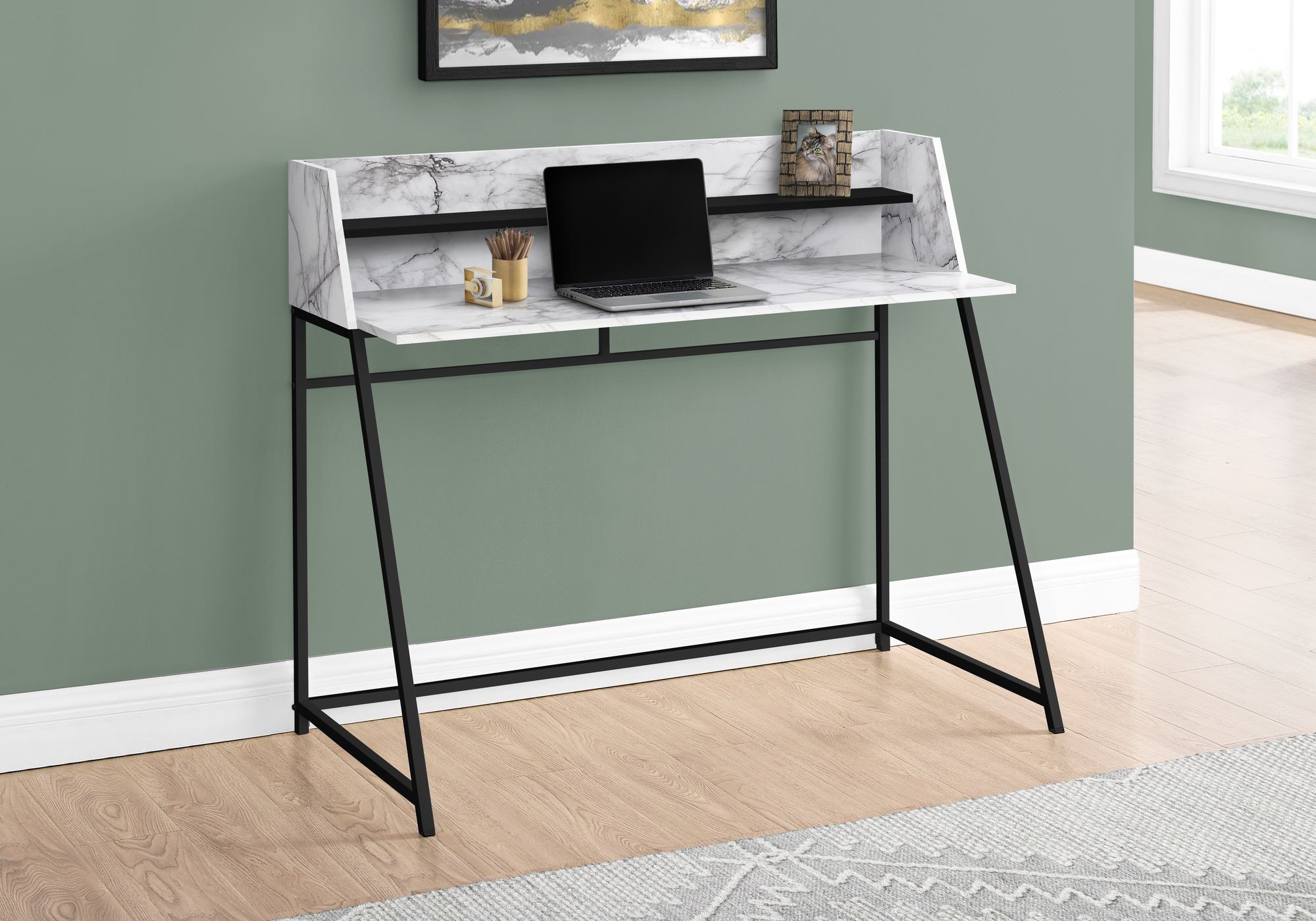 Computer Desk, Home Office, Laptop, Storage Shelves, 48″L, Work, White Marble Look Laminate, Black Metal, Contemporary, Modern
