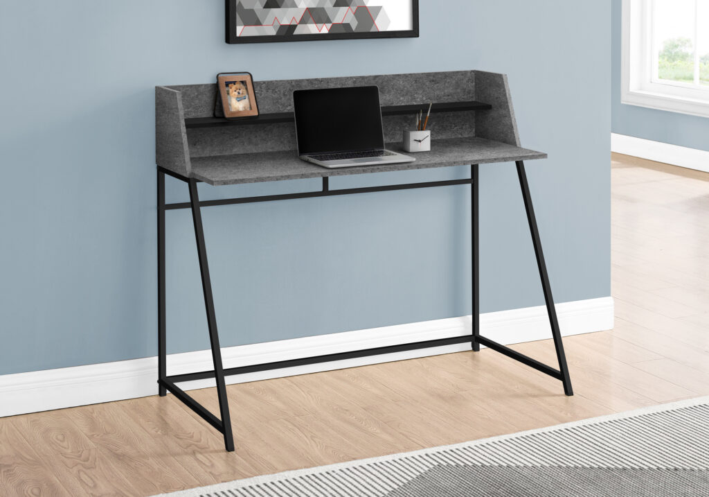 Computer Desk, Home Office, Laptop, Storage Shelves, 48″L, Work, Grey Stone Look Laminate, Black Metal, Contemporary, Modern