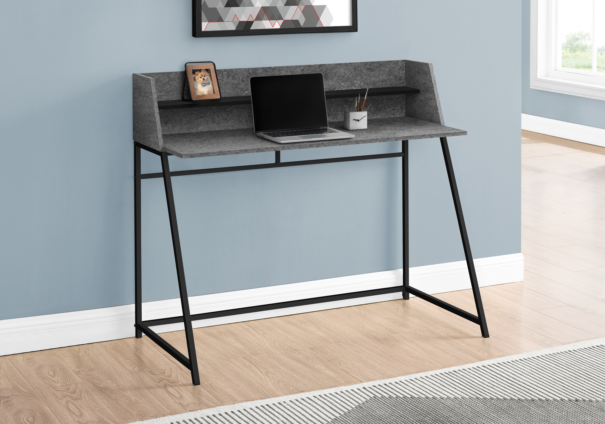 Computer Desk, Home Office, Laptop, Storage Shelves, 48″L, Work, Grey Stone Look Laminate, Black Metal, Contemporary, Modern