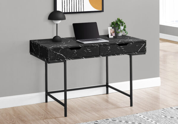 Computer Desk, Home Office, Laptop, Storage Drawers, 48″L, Work, Black Marble Look Laminate, Black Metal, Contemporary, Modern