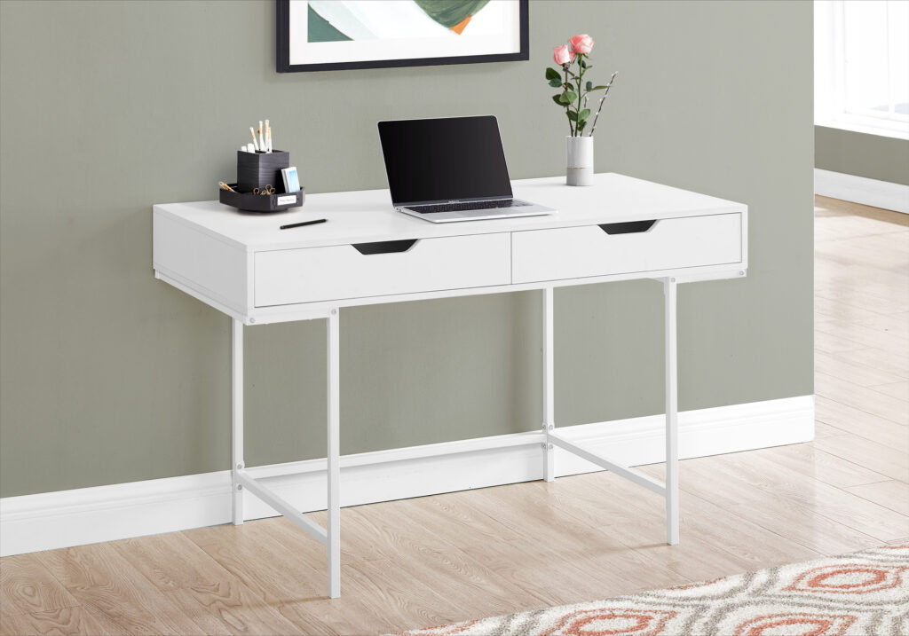 Computer Desk, Home Office, Laptop, Storage Drawers, 48″L, Work, White Laminate, White Metal, Contemporary, Modern