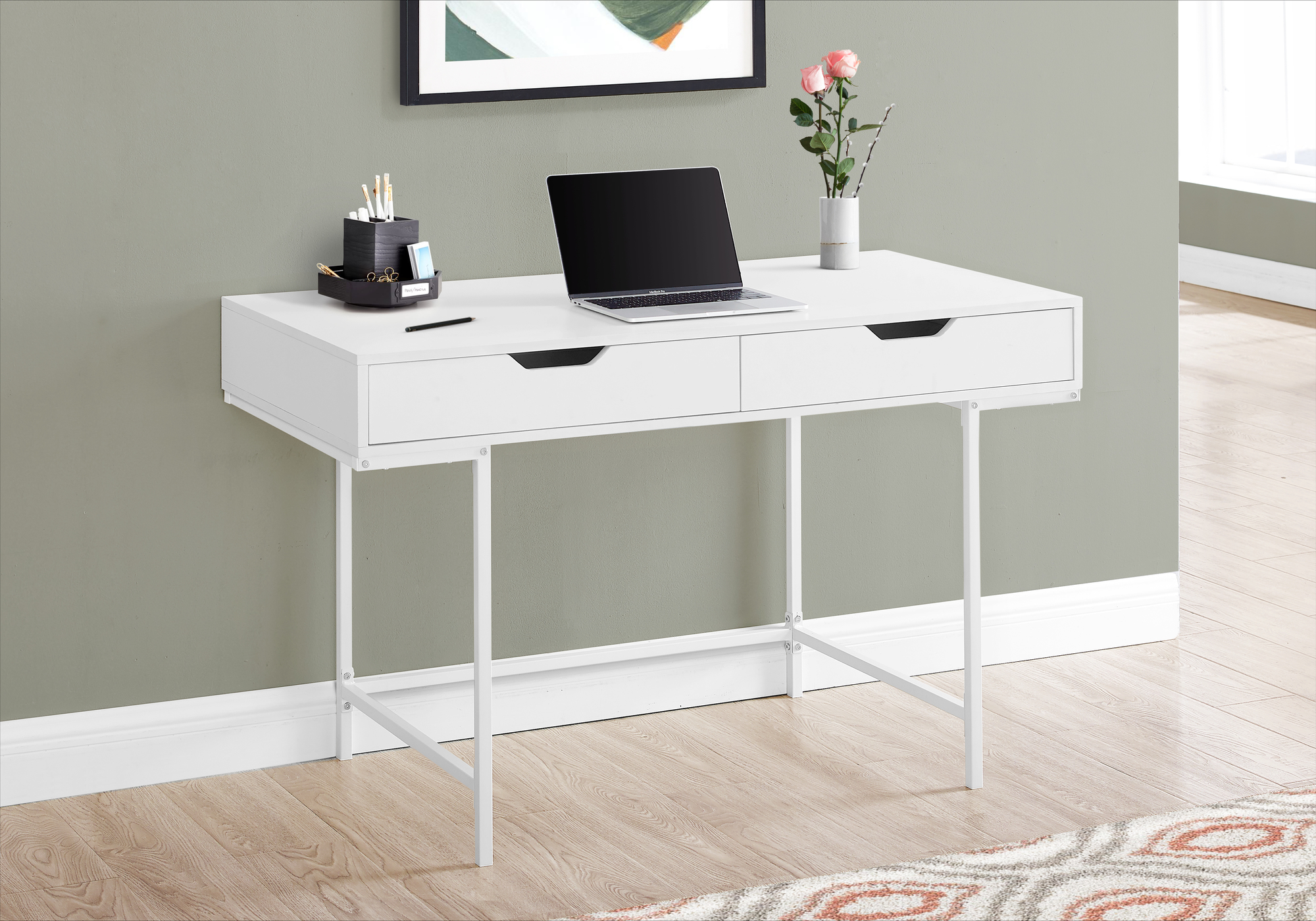 Computer Desk, Home Office, Laptop, Storage Drawers, 48″L, Work, White Laminate, White Metal, Contemporary, Modern