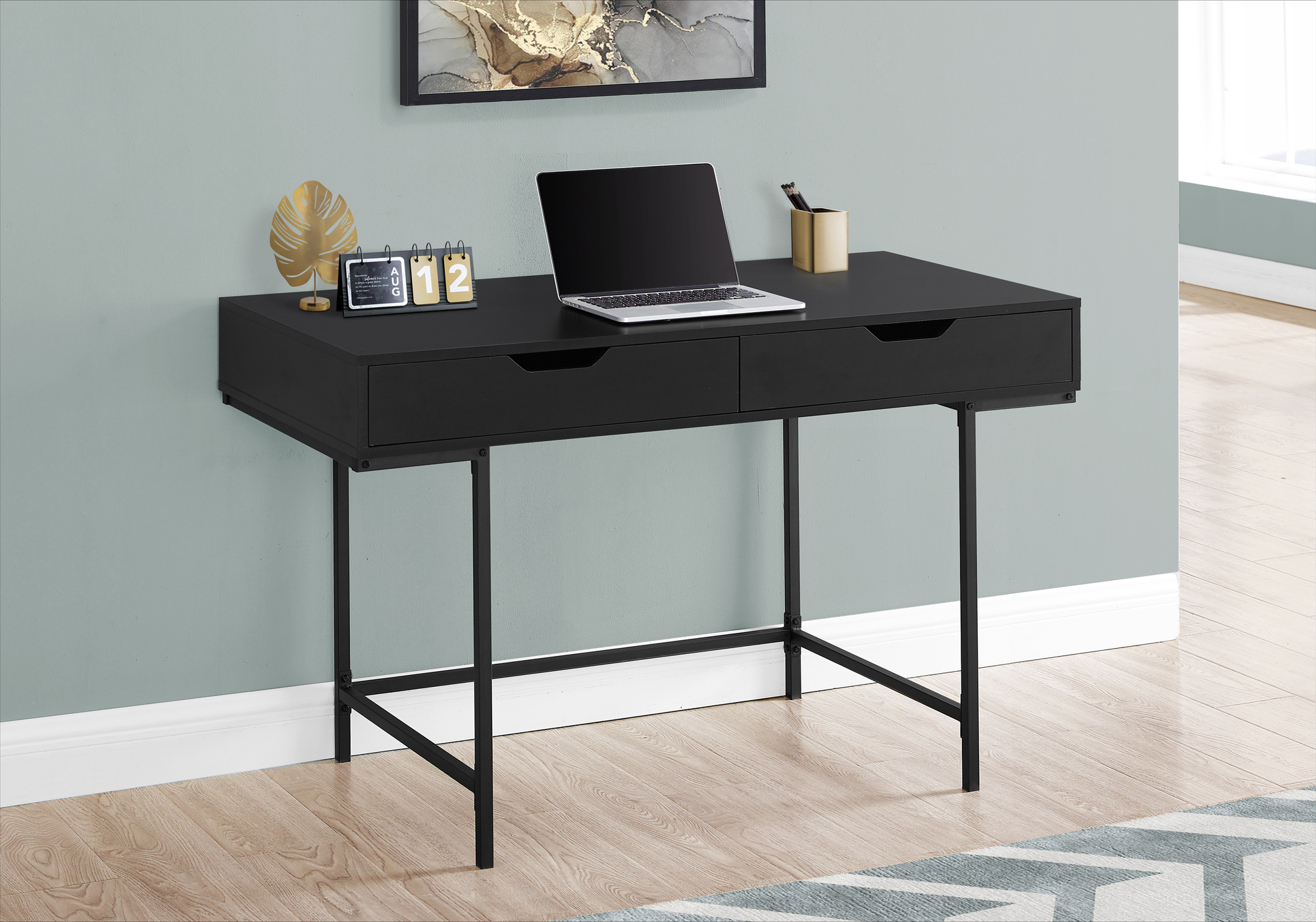 Computer Desk, Home Office, Laptop, Storage Drawers, 48″L, Work, Black Laminate, Black Metal, Contemporary, Modern