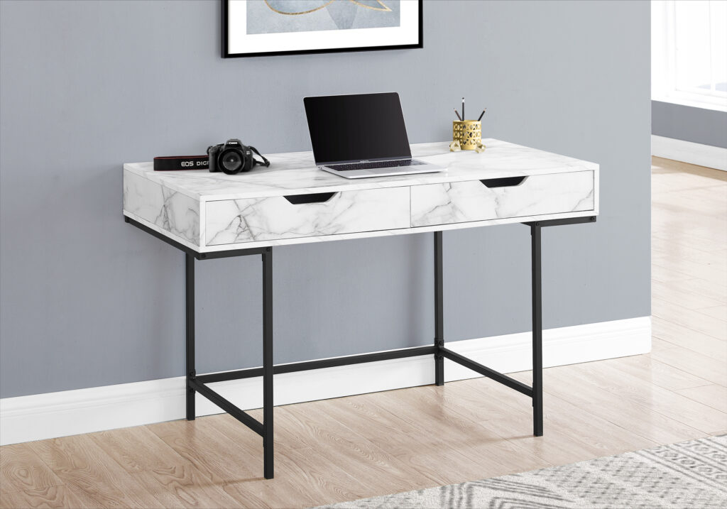 Computer Desk, Home Office, Laptop, Storage Drawers, 48″L, Work, White Marble Look Laminate, Black Metal, Contemporary, Modern