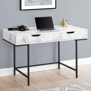 Computer Desk, Home Office, Laptop, Storage Drawers, 48"L, Work, White Marble Look Laminate, Black Metal, Contemporary, Modern