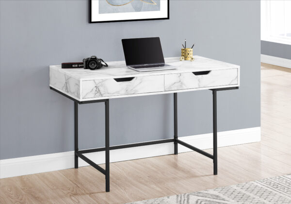 Computer Desk, Home Office, Laptop, Storage Drawers, 48″L, Work, White Marble Look Laminate, Black Metal, Contemporary, Modern