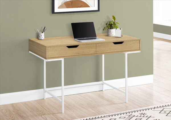 Computer Desk, Home Office, Laptop, Storage Drawers, 48″L, Work, Natural Laminate, White Metal, Contemporary, Modern