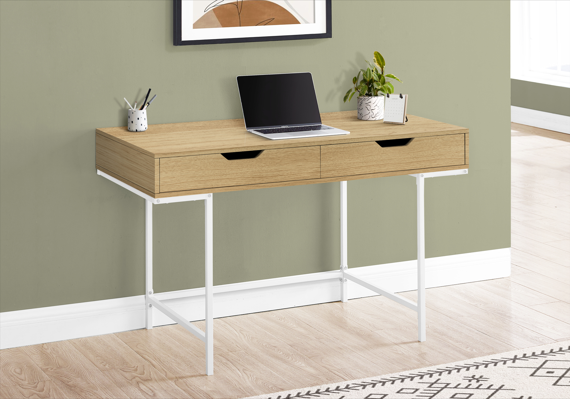 Computer Desk, Home Office, Laptop, Storage Drawers, 48″L, Work, Natural Laminate, White Metal, Contemporary, Modern