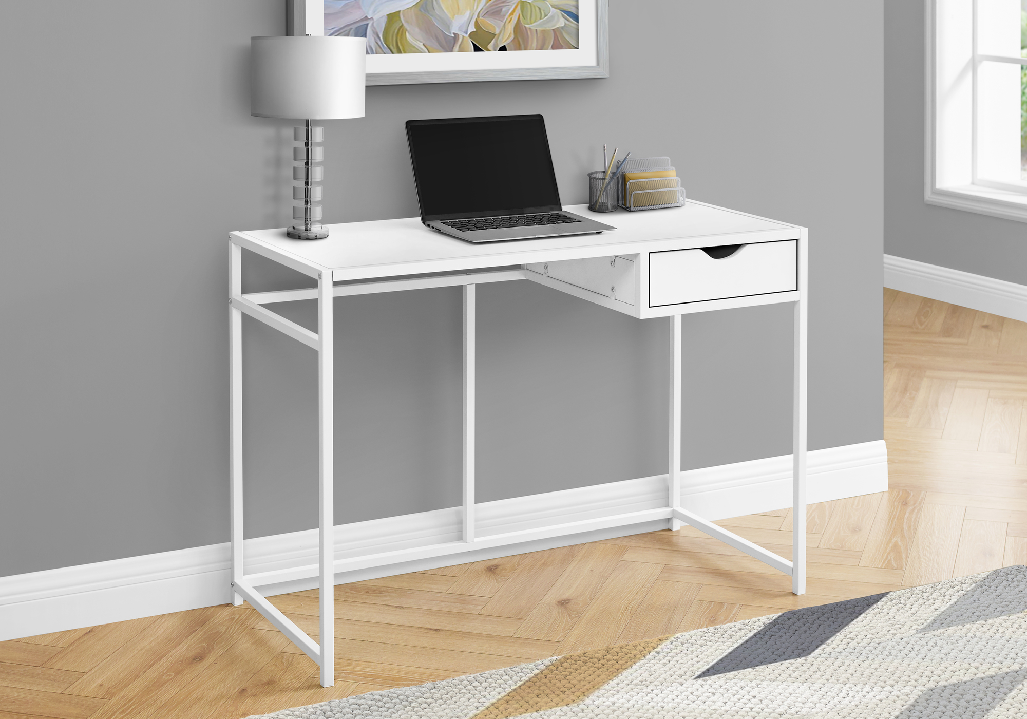 Computer Desk, Home Office, Laptop, Storage Drawer, 42″L, Work, White Laminate, White Metal, Contemporary, Modern