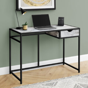 Computer Desk, Home Office, Laptop, Storage Drawer, 42"L, Work, White Marble Look Laminate, Black Metal, Contemporary, Modern