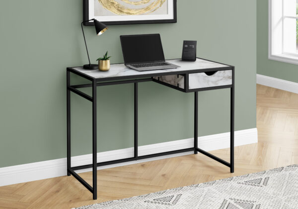 Computer Desk, Home Office, Laptop, Storage Drawer, 42″L, Work, White Marble Look Laminate, Black Metal, Contemporary, Modern