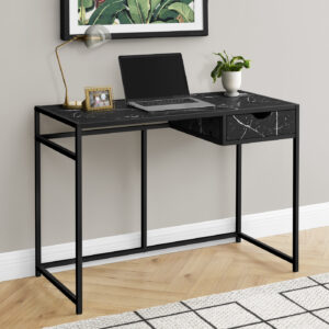 Computer Desk, Home Office, Laptop, Storage Drawer, 42"L, Work, Black Marble Look Laminate, Black Metal, Contemporary, Modern