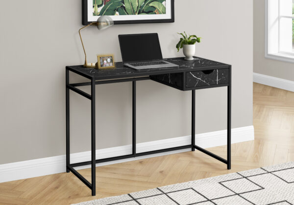 Computer Desk, Home Office, Laptop, Storage Drawer, 42″L, Work, Black Marble Look Laminate, Black Metal, Contemporary, Modern
