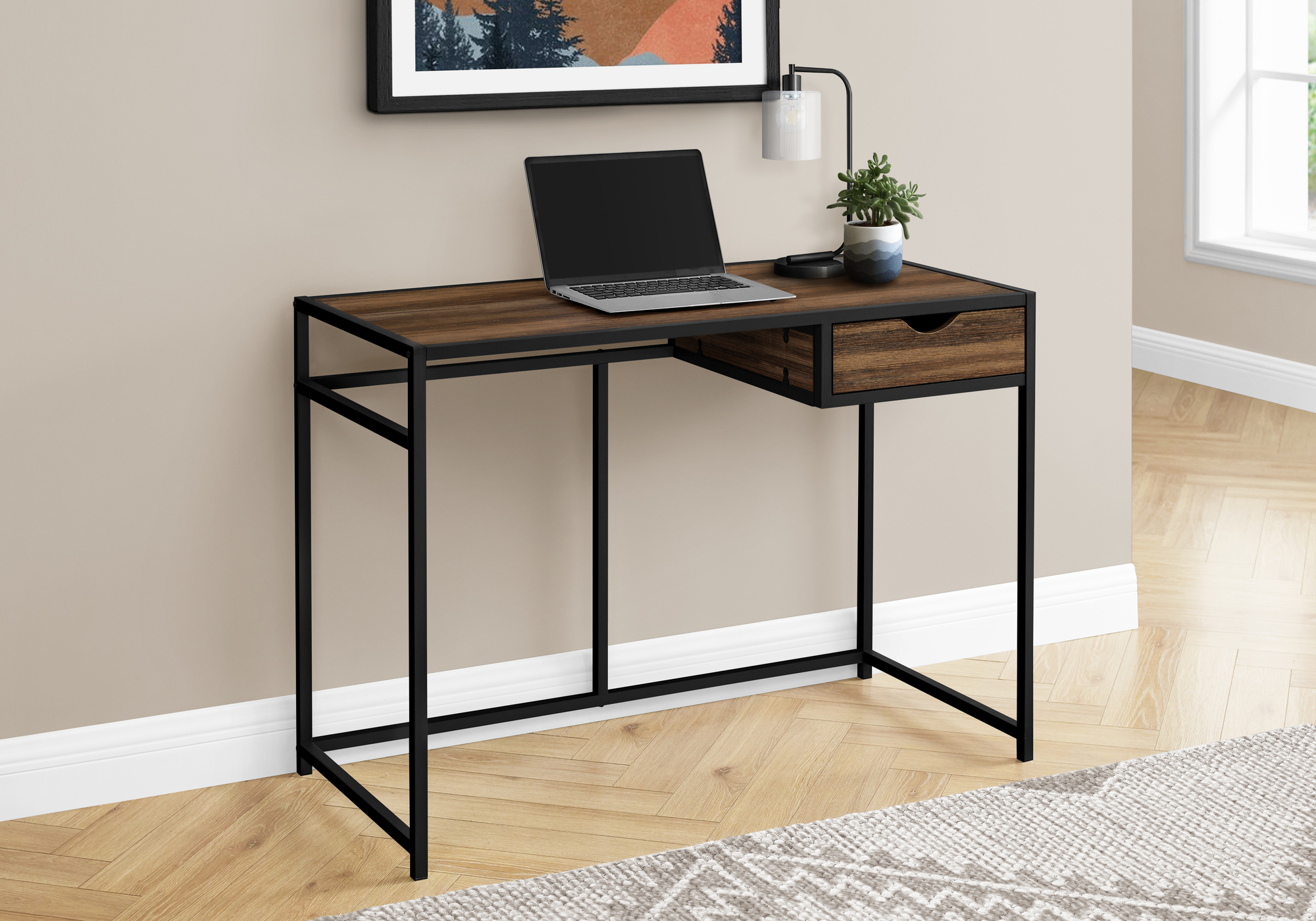 Computer Desk, Home Office, Laptop, Storage Drawer, 42″L, Work, Brown Laminate, Black Metal, Contemporary, Modern