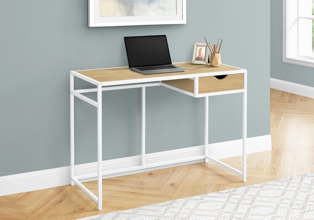 Computer Desk, Home Office, Laptop, Storage Drawer, 42″L, Work, Natural Laminate, White Metal, Contemporary, Modern