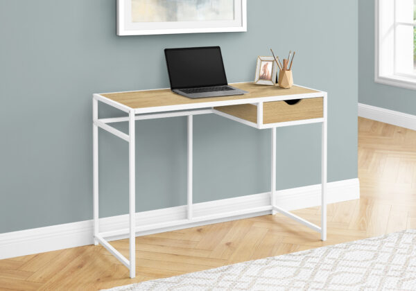 Computer Desk, Home Office, Laptop, Storage Drawer, 42″L, Work, Natural Laminate, White Metal, Contemporary, Modern
