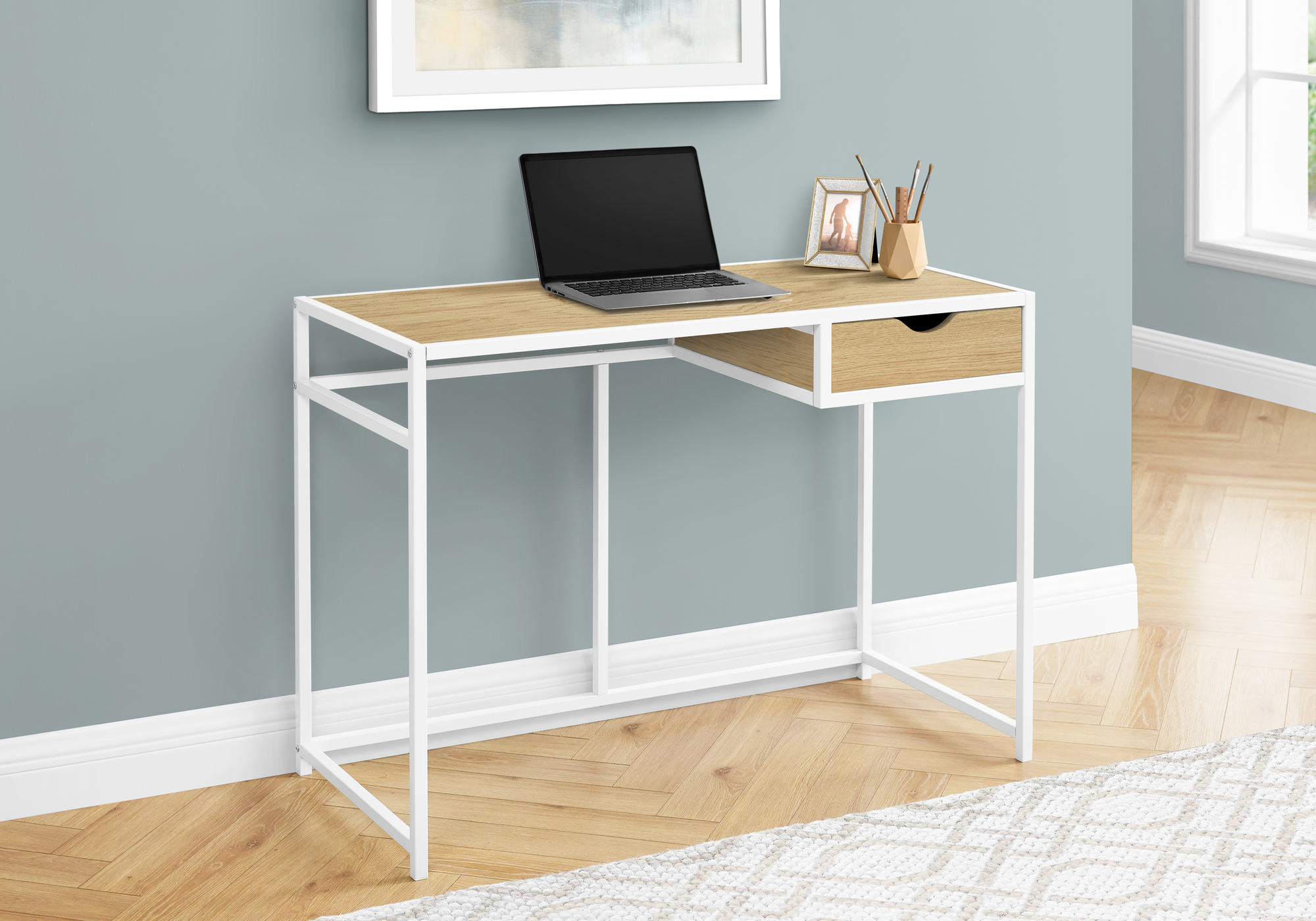 Computer Desk, Home Office, Laptop, Storage Drawer, 42″L, Work, Natural Laminate, White Metal, Contemporary, Modern