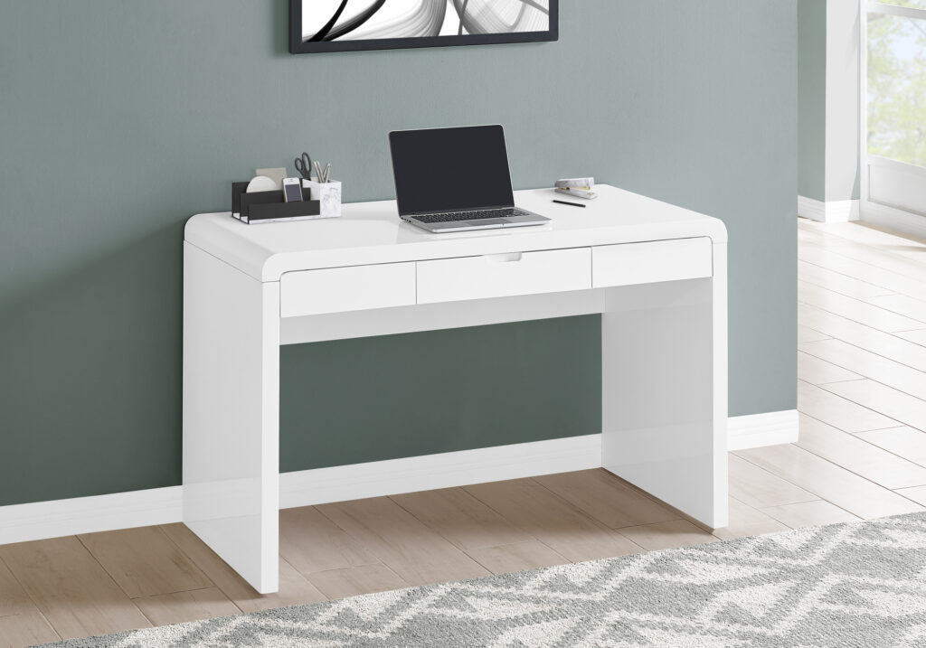 Computer Desk, Home Office, Laptop, Storage Drawers, 48″L, Work, Glossy White Laminate, Contemporary, Modern