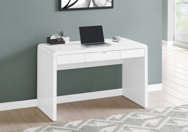 Computer Desk, Home Office, Laptop, Storage Drawers, 48″L, Work, Glossy White Laminate, Contemporary, Modern