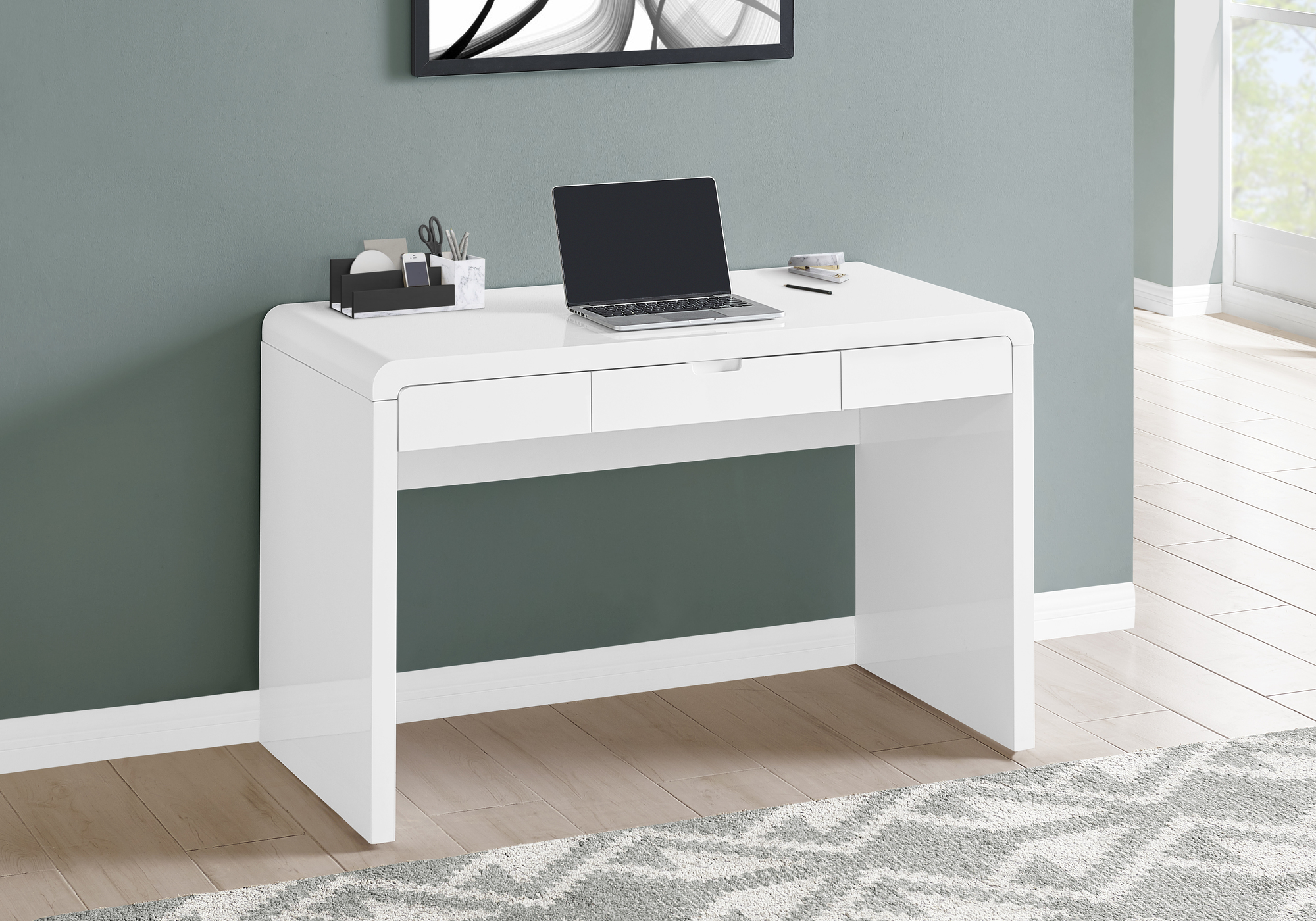 Computer Desk, Home Office, Laptop, Storage Drawers, 48″L, Work, Glossy White Laminate, Contemporary, Modern