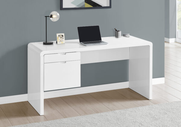Computer Desk, Home Office, Laptop, Left, Right Set-up, Storage Drawers, 60″L, Work, Glossy White Laminate, Contemporary, Modern