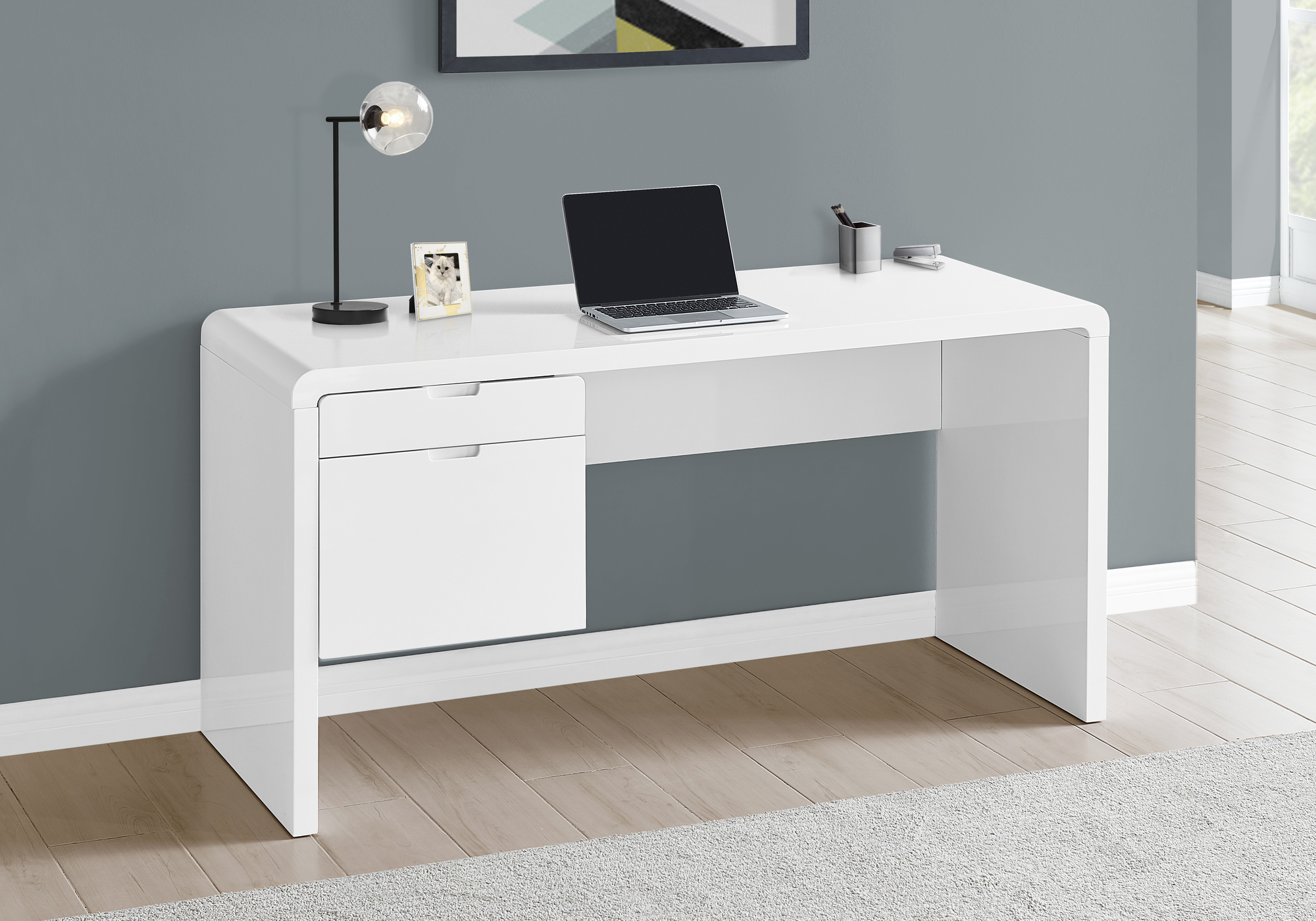 Computer Desk, Home Office, Laptop, Left, Right Set-up, Storage Drawers, 60″L, Work, Glossy White Laminate, Contemporary, Modern
