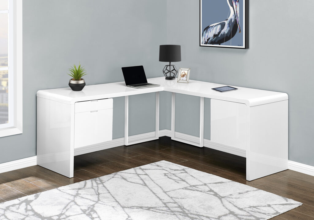 Computer Desk, Home Office, Corner, Left, Right Set-up, Storage Drawers, 72″L, L Shape, Work, Laptop, Glossy White Laminate, White Metal, Contemporary, Modern
