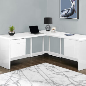 Computer Desk, Home Office, Corner, Left, Right Set-up, Storage Drawers, 72"L, L Shape, Work, Laptop, Glossy White Laminate, White Metal, Contemporary, Modern