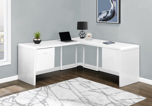 Computer Desk, Home Office, Corner, Left, Right Set-up, Storage Drawers, 72″L, L Shape, Work, Laptop, Glossy White Laminate, White Metal, Contemporary, Modern