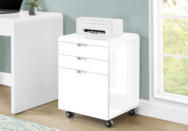 File Cabinet, Rolling Mobile, Storage Drawers, Printer Stand, Office, Work, Glossy White Laminate, Contemporary, Modern