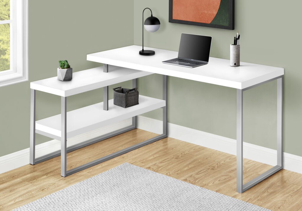 Computer Desk, Home Office, Corner, Left, Right Set-up, Storage Shelves, 60″L, L Shape, Work, Laptop, White Laminate, Grey Metal, Contemporary, Modern