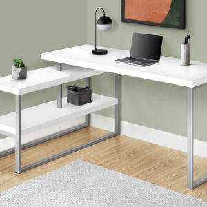 Computer Desk, Home Office, Corner, Left, Right Set-up, Storage Shelves, 60"L, L Shape, Work, Laptop, White Laminate, Grey Metal, Contemporary, Modern