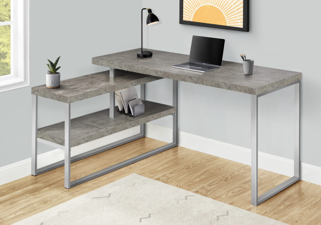 Computer Desk, Home Office, Corner, Left, Right Set-up, Storage Shelves, 60″L, L Shape, Work, Laptop, Grey Concrete Laminate, Silver Metal, Contemporary, Modern