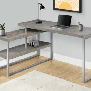 Computer Desk, Home Office, Corner, Left, Right Set-up, Storage Shelves, 60"L, L Shape, Work, Laptop, Grey Concrete Laminate, Silver Metal, Contemporary, Modern