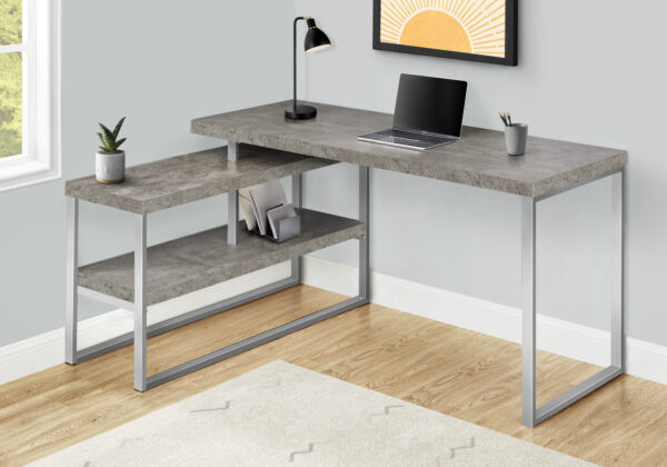 Computer Desk, Home Office, Corner, Left, Right Set-up, Storage Shelves, 60″L, L Shape, Work, Laptop, Grey Concrete Laminate, Silver Metal, Contemporary, Modern