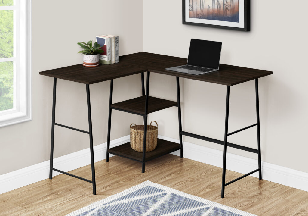 Computer Desk, Home Office, Corner, Storage Shelves, 48″L, L Shape, Work, Laptop, Brown Laminate, Black Metal, Contemporary, Modern