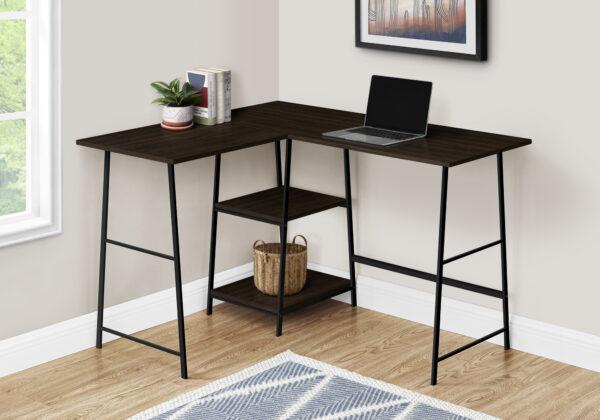 Computer Desk, Home Office, Corner, Storage Shelves, 48″L, L Shape, Work, Laptop, Brown Laminate, Black Metal, Contemporary, Modern