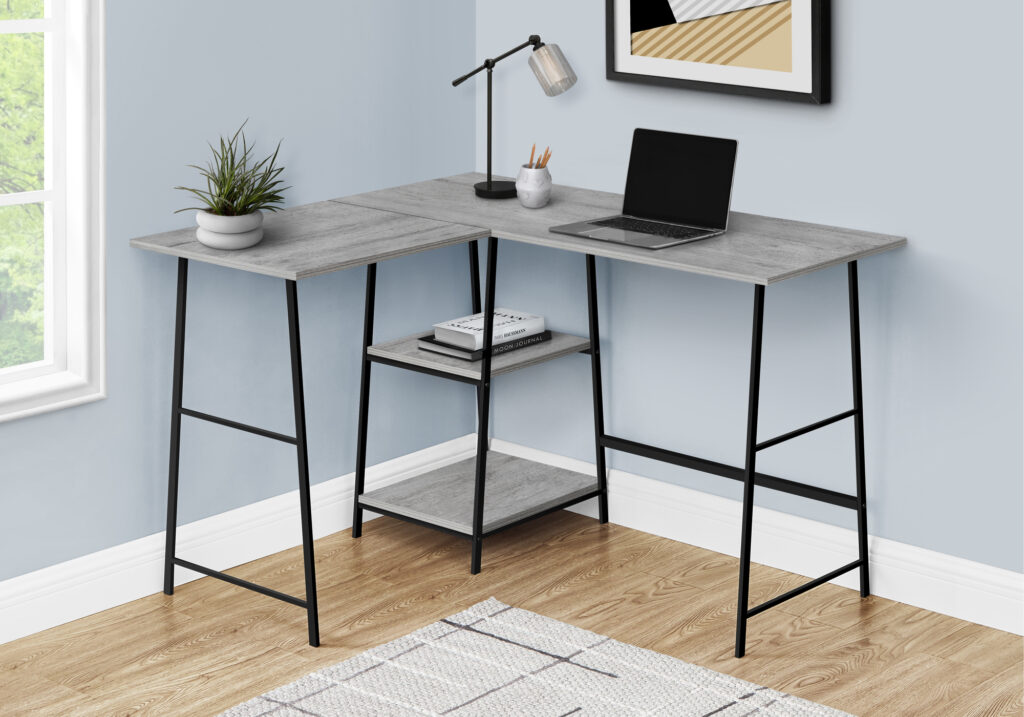 Computer Desk, Home Office, Corner, Storage Shelves, 48″L, L Shape, Work, Laptop, Grey Laminate, Black Metal, Contemporary, Modern
