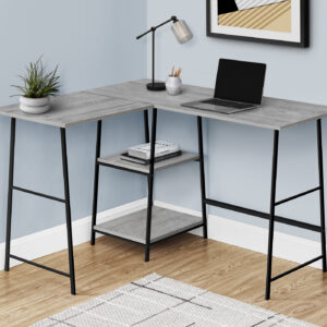 Computer Desk, Home Office, Corner, Storage Shelves, 48"L, L Shape, Work, Laptop, Grey Laminate, Black Metal, Contemporary, Modern