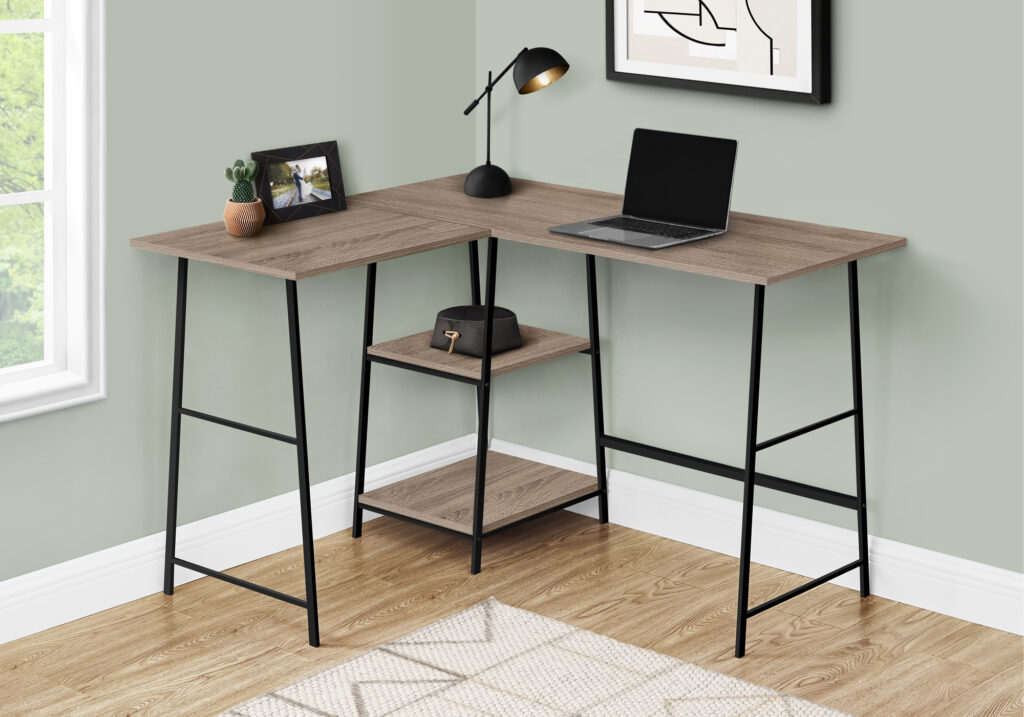 Computer Desk, Home Office, Corner, Storage Shelves, 48″L, L Shape, Work, Laptop, Brown Laminate, Black Metal, Contemporary, Modern