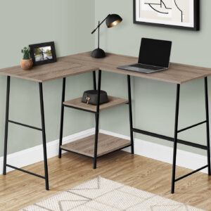 Computer Desk, Home Office, Corner, Storage Shelves, 48"L, L Shape, Work, Laptop, Brown Laminate, Black Metal, Contemporary, Modern