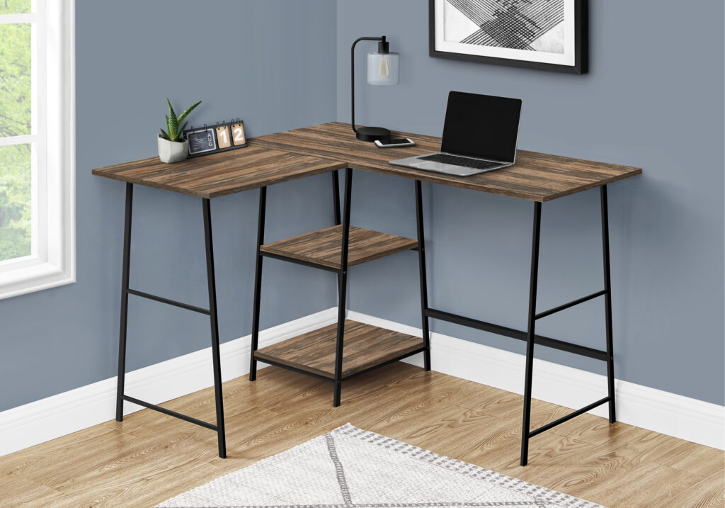 Computer Desk, Home Office, Corner, Storage Shelves, 48″L, L Shape, Work, Laptop, Brown Laminate, Black Metal, Contemporary, Modern