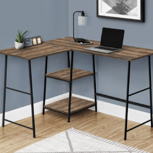 Computer Desk, Home Office, Corner, Storage Shelves, 48"L, L Shape, Work, Laptop, Brown Laminate, Black Metal, Contemporary, Modern