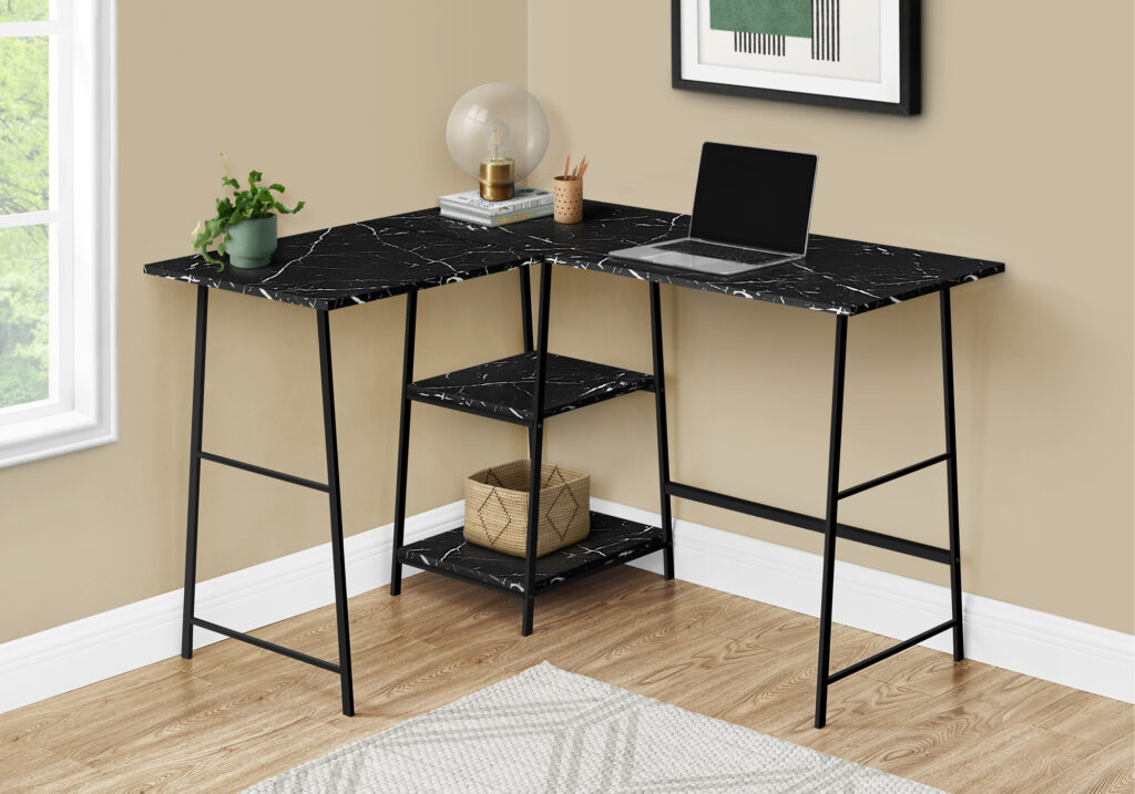 Computer Desk, Home Office, Corner, Storage Shelves, 48″L, L Shape, Work, Laptop, Black Marble Look Laminate, Black Metal, Contemporary, Modern